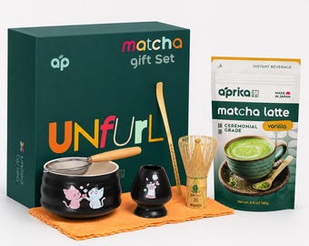 Black Cat Matcha Gift Set, Matcha Starter Kit with Bowl, Whisk, Sifter, Holder and Japanese Tea Options