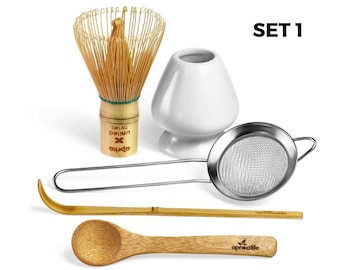 Basic Matcha Set: White Ceramic Whisk Holder, Bamboo Whisk, Bamboo Spoon, Sifter, Christmas Gift for Tea Lover, Christmas Gift