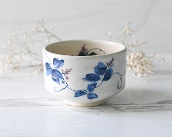 Handcrafted Ceramic Matcha Tea Bowl from Japan - Japanese Authentic Matcha Bowl, Matcha Cup - Beige Matcha Bowl with Blue Flowers Pattern.