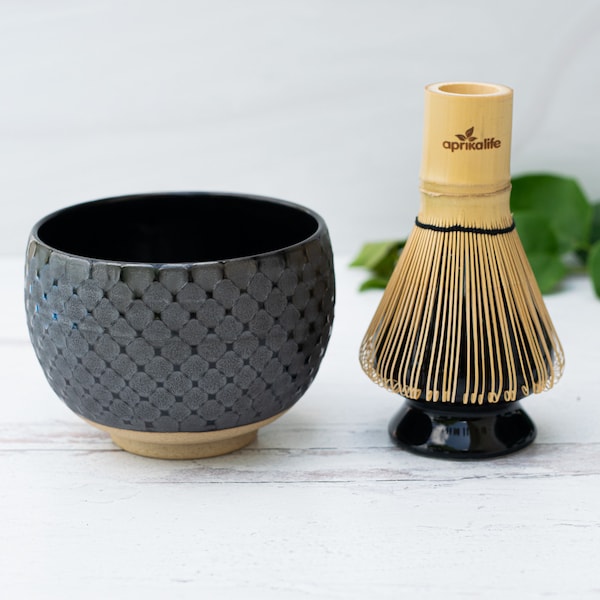 Black Ceramic Matcha Set - Japanese Matcha Bowl, Bamboo Matcha Whisk and Whisk Holder - Handcrafted Matcha Cup, 100 Prongs Chasen