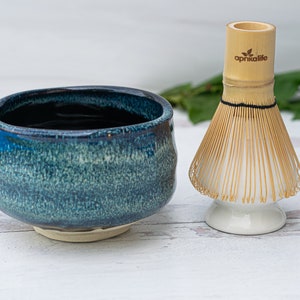 Dark Blue Ceramic Matcha Set - Japanese Matcha Bowl, Bamboo Matcha Whisk and Whisk Holder - Handcrafted Matcha Cup, 100 Prongs Chasen