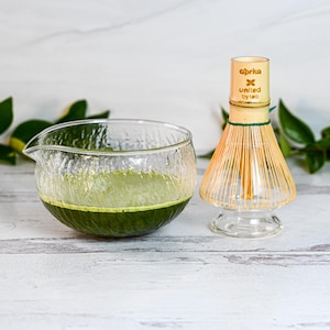Glass Textured Matcha Set - Matcha Bowl, Bamboo Matcha Whisk, Whisk Holder - Handcrafted Matcha Cup, 100 Prongs Chasen - Christmas Gift