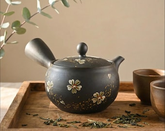 Handmade Dark Brown Floral Kyusu Teapot: Japanese Loose Leaf Tea Strainer (13 fl oz/380ml)