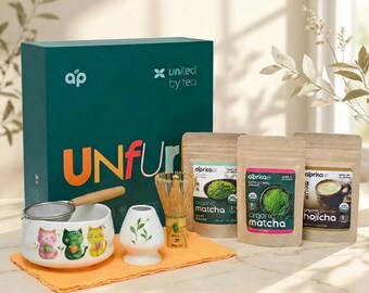 White Cat Matcha Gift Set, Matcha Starter Kit with Bowl, Whisk, Sifter, Holder and Japanese Tea Options