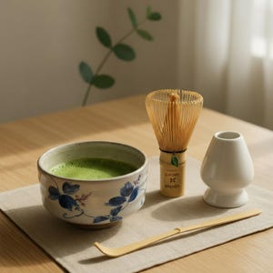 Op de afbeelding: Een matcha-theeset met een keramische kom met blauwe bloemmotieven, gevuld met groene thee. Een bamboe klopper, een witte keramische theekomstandaard en een bamboelepel zijn ook aanwezig.