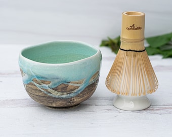 Ceramic Matcha Set - Japanese Matcha Bowl, Bamboo Matcha Whisk and Whisk Holder - Handcrafted Matcha Cup, 100 Prongs Chasen