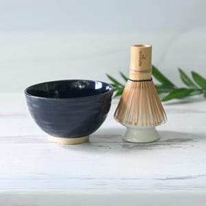 Handcrafted Navy Blue Ceramic Matcha Set - Japanese Matcha Bowl, Bamboo Matcha Whisk (100 Prongs Chasen) & Whisk Holder, Christmas Gift