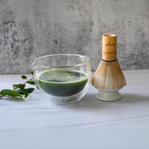 Double Sided Glass Matcha Bowl with Spout Set: Bamboo Matcha Whisk, Holder - Handcrafted Matcha Cup, 100 Prongs Chasen, Christmas Gift