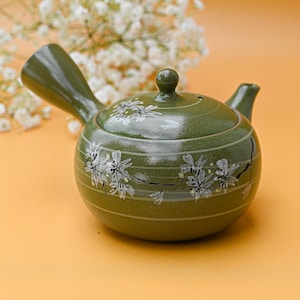 Kyusu vert avec fleurs - Théière japonaise faite main avec passoire à thé de qualité supérieure - 12 oz liq./360 ml, cadeau de Noël