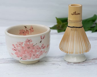 Ceramic Matcha Set - Japanese Matcha Bowl, Bamboo Matcha Whisk and Whisk Holder - Handcrafted Matcha Cup, 100 Prongs Chasen