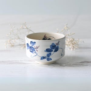 Handcrafted Japanese Ceramic Matcha Tea Bowl - Authentic Matcha Cup - Beige Matcha Bowl with Blue Flowers Pattern, Christmas Gift