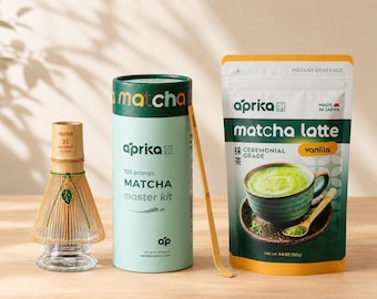 Matcha Starter Kit, Matcha Whisk and Glass Holder Set with Ceremonial Matcha, Hojicha and Latte Mix Options