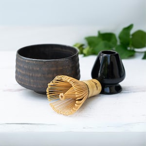 Handcrafted Black Ceramic Matcha Set: Japanese Matcha Bowl, Bamboo Matcha Whisk & Whisk Holder, 100 Prongs Chasen, Christmas Gift