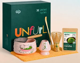 Pink Cat Matcha Gift Set, Matcha Starter Kit with Bowl, Whisk, Sifter, Holder and Japanese Tea Options