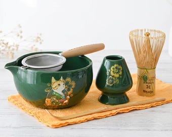 Kawaii Cat Matcha Tea Set: Green Bowl, Whisk & Accessories