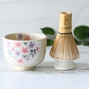 Handcrafted Manyou-Sakura Ceramic Matcha Set: Japanese Matcha Bowl, Bamboo Matcha Whisk (100 Prongs Chasen) & Holder, Christmas Gift