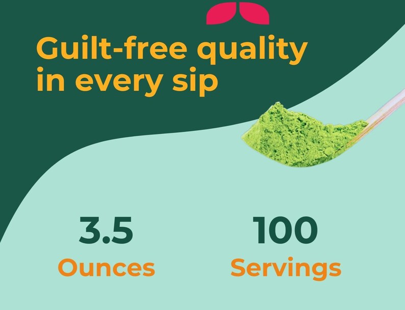 Puede incluir: Imagen con texto: "Calidad sin culpa en cada sorbo". Una cuchara de madera contiene polvo verde. El texto de abajo dice "3.5 onzas" y "100 porciones" sobre un fondo turquesa con una secci&oacute;n superior verde oscuro.