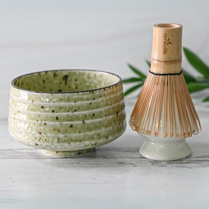 Handmade Kaneni Ceramic Matcha Set: Japanese Matcha Bowl, Bamboo Matcha Whisk (100 Prongs Chasen) & Whisk Holder, Christmas Gift