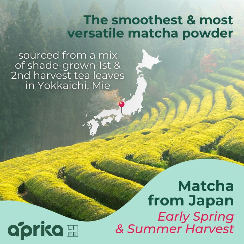 May include: An image promoting matcha powder from Japan. The text reads "The smoothest & most versatile matcha powder" and "Matcha from Japan Early Spring & Summer Harvest." The background shows green tea fields.