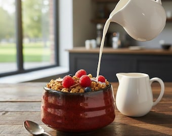 Tazón de cerámica artesanal para cereales, postres, frutas y aperitivos. Diseño degradado en rojo.