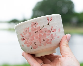 Handcrafted Ceramic Matcha Tea Bowl from Japan - Japanese Authentic White Matcha Cup with Cherry Blossoms Pattern, Mother's Day Gift