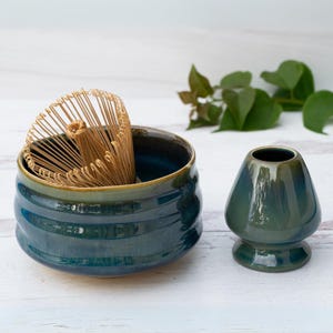 Ceramic Matcha Set - Blue Matcha Bowl, Bamboo Matcha Whisk and Whisk Holder - Handcrafted Matcha Cup, 100 Prongs Chasen - Christmas Gift