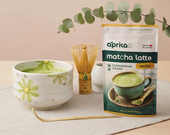 Handmade Matcha Set: White with Green Flowers Bowl, Whisk, Holder, Scoop with Ceremonial Grade Matcha Latte Mix 180g