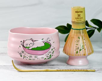 Rosa Matcha-set med kattskål: Startpaket för japansk teceremoni
