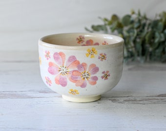 Handcrafted Ceramic Matcha Tea Bowl from Japan - Matcha Cup - Beige Matcha Bowl with Big and Small Pink Flowers - Mother's Day Gift