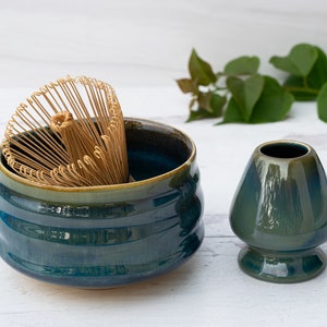 Ceramic Matcha Set - Blue Matcha Bowl, Bamboo Matcha Whisk and Whisk Holder - Handcrafted Matcha Cup, 100 Prongs Chasen -  Mother’s Day Gift