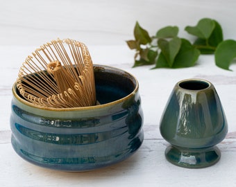 Ceramic Matcha Set - Blue Matcha Bowl, Bamboo Matcha Whisk and Whisk Holder - Handcrafted Matcha Cup, 100 Prongs Chasen -  Mother’s Day Gift