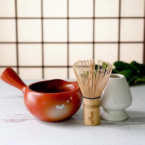 Japanese Matcha Tea Set: Ceramic Bowl, Bamboo Whisk & Holder