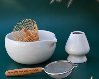 White Spouted Matcha Set of 5: Matcha Starter Kit with Bowl, Sifter, Whisk, Scoop, Holder and Japanese Tea Options