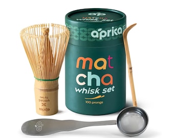 Matcha Bamboo Whisk Set, Traditional Handmade Starter Kit Included Whisk(Chasen) with 100 Prongs, Scoop (Chashaku), Spoon – Premium Gift Box