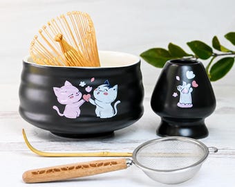 Black Cat Matcha Set of 5: Matcha Starter Kit with Bowl, Sifter, Whisk, Scoop, Holder and Japanese Tea Options