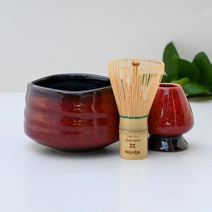 Ceramic Matcha Set: Japanese Matcha Bowl, Bamboo Matcha Whisk & Whisk Holder. Handcrafted Matcha Cup, 100 Prongs Chasen, Christmas Gift