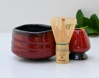 Handcrafted Ceramic Matcha Set: Japanese Tea Bowl, 100-Prong Whisk & Holder