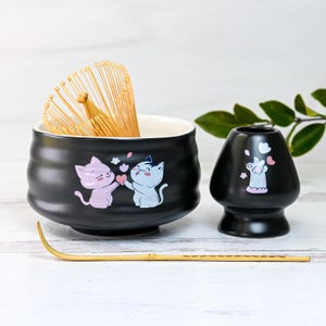 猫の黒抹茶セット、抹茶碗と茶筅のセット、日本の抹茶緑茶パウダーに最適な抹茶スターターキット、母の日ギフト