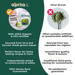 Puede incluir: Un anuncio de matcha org&aacute;nico Aprika. La imagen muestra un paquete de matcha, un vaso de bebida de matcha que se vierte y una comparaci&oacute;n con otras marcas. El texto destaca la certificaci&oacute;n org&aacute;nica USDA, el abastecimiento, el sabor y la pureza.