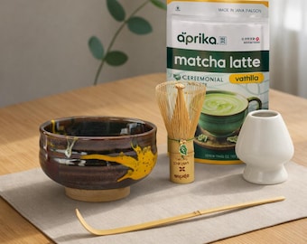 Handmade Matcha Set: Brown Ribbed Bowl, Whisk, Holder, Scoop | 4-Piece or 5-Piece Set with Matcha Latte Mix 180g Gift Set