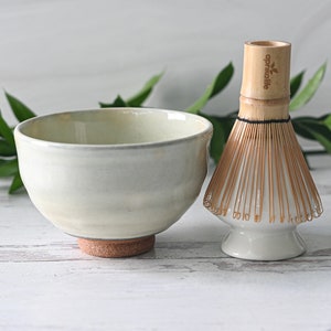 White Kohiki Ceramic Handcrafted Matcha Set - Japanese Matcha Bowl, Bamboo Matcha Whisk and Whisk Holder, 100 Prongs Chasen - Christmas Gift