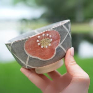 Handcrafted Ceramic Matcha Tea Bowl from Japan - Matcha Cup, Light Gray Glaze with Nezumi-Shino Flower Pattern, Christmas Gift