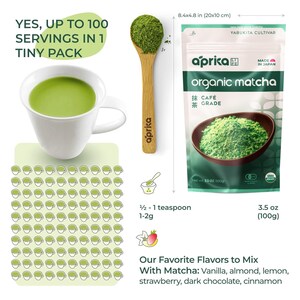 Puede incluir: Imagen promocional de productos de matcha org&aacute;nico. Incluye una taza blanca con matcha verde, una cuchara de madera con matcha y una bolsa de matcha. La bolsa est&aacute; etiquetada como "organic matcha" y "Made in Japan". Tambi&eacute;n se muestra el texto "Yes, up to 100 servings in 1 tiny pack."