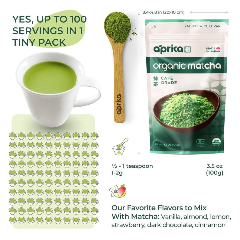 Puede incluir: Imagen promocional de productos de matcha org&aacute;nico. Incluye una taza blanca con matcha verde, una cuchara de madera con matcha y una bolsa de matcha. La bolsa est&aacute; etiquetada como "organic matcha" y "Made in Japan". Tambi&eacute;n se muestra el texto "Yes, up to 100 servings in 1 tiny pack."