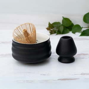 Handcrafted Ceramic Matcha Set - Chinese Black Matcha Bowl, Bamboo Matcha Whisk (100 Prongs Chasen) & Whisk Holder, Christmas Gift