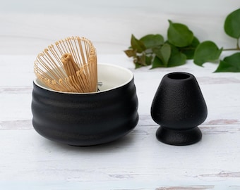 Handcrafted Ceramic Matcha Set: Black Matcha Bowl, Bamboo Whisk & Holder