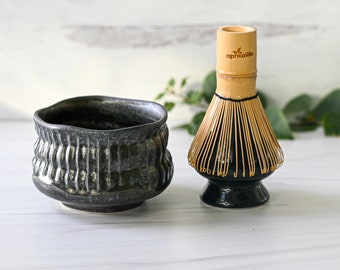 Black Ceramic Matcha Set - Japanese Matcha Bowl, Bamboo Matcha Whisk and Whisk Holder - Handcrafted Matcha Cup, 100 Prongs Chasen