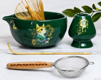 Green Cat Matcha Set of 5: Matcha Starter Kit with Bowl, Sifter, Whisk, Scoop, Holder and Japanese Tea Options
