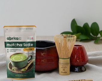 Handcrafted Red Ombre Ceramic Matcha Bowl tea set + Matcha Latte Mix 180g: Tea Ceremony Set