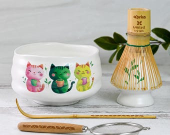 White Cat Matcha Set of 5: Matcha Starter Kit with Bowl, Sifter, Whisk, Scoop, Holder and Japanese Tea Options